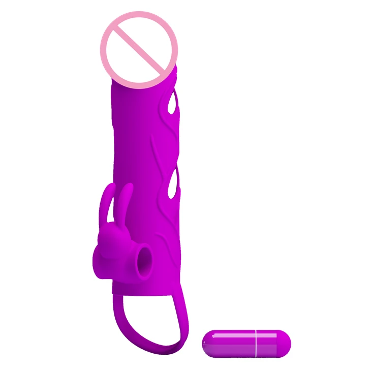 Vibrating Rabbit Sleeve Penis Extension with Bullet Soft Condom Vibrator