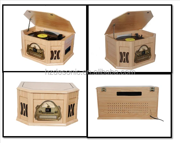 wooden vintage vinyl turntable jukebox with 3 speed lp record pressing
