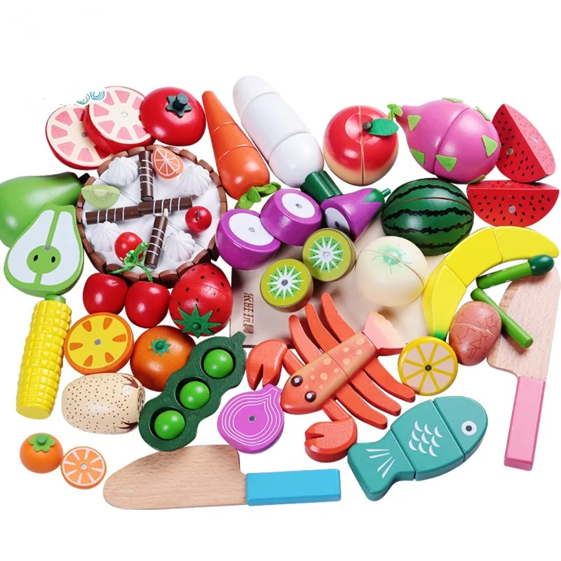 2021 Children 100pcs set big Kitchen toys Wooden Magnetic Fruit Vegetable food Cutting play set for the Kids WFT007-K