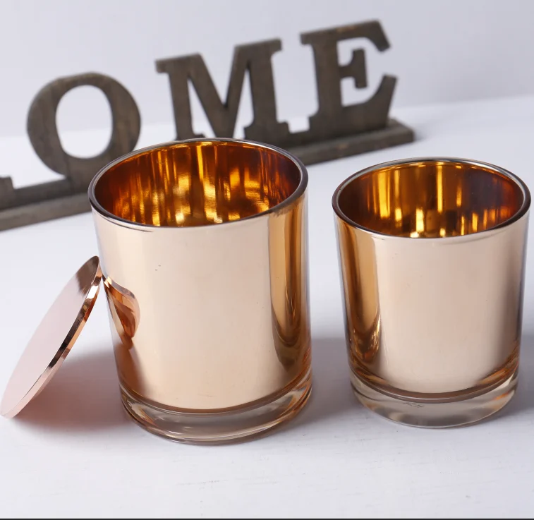 Wholesale luxury gold electroplated candle containers 10oz empty glass candle jar with metal lids