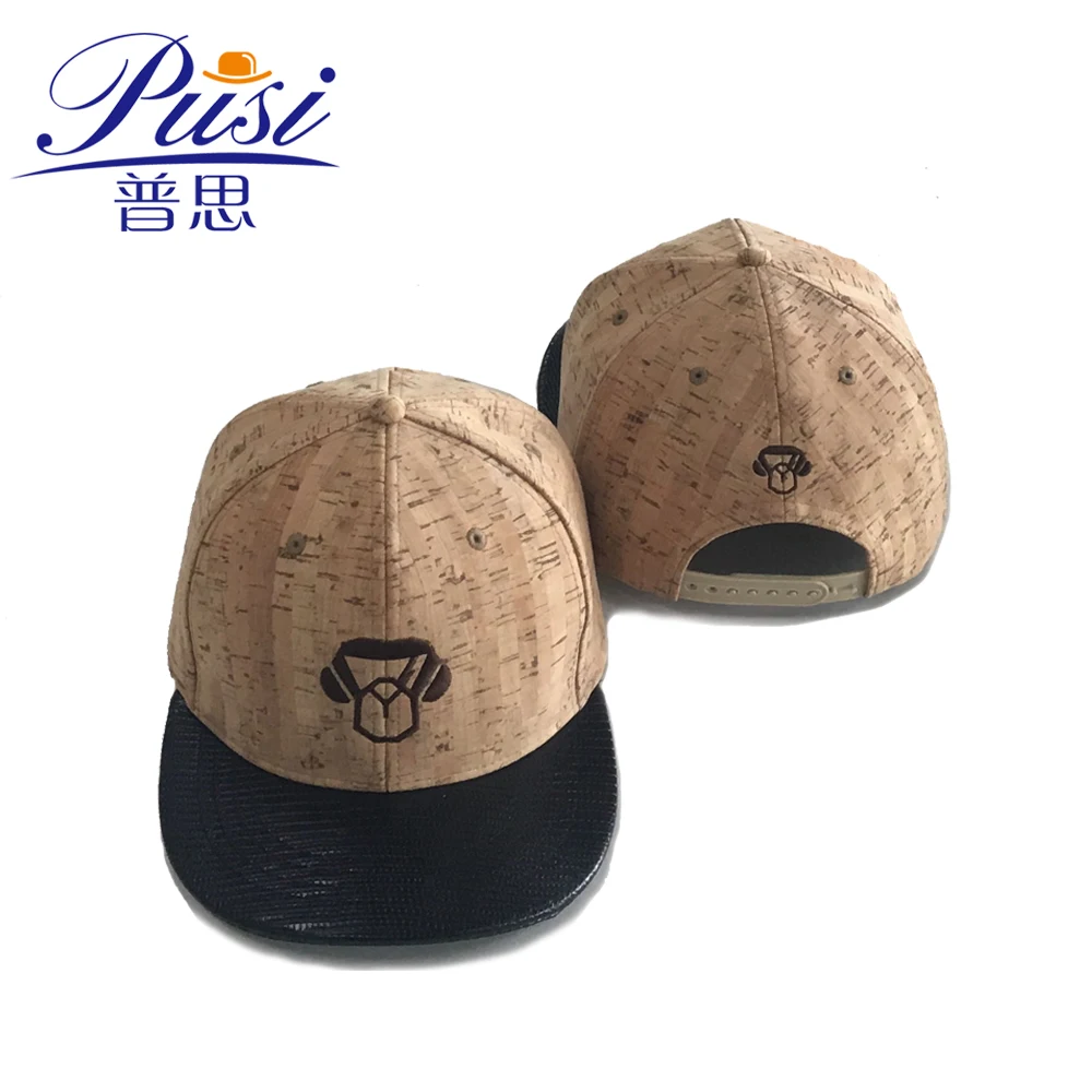 Wholesale Custom 6 Panel PU leather Brim Wood Snapback Hat Cork Cap