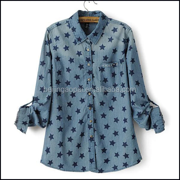 Wholesale printed type jeans fashionable casual shirts for girls