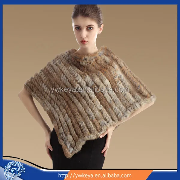 Мода леди 2015 треугольник мех кролика ручного вязания пончо накидка
