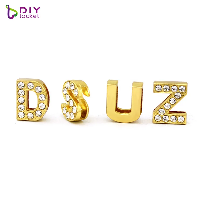 
Wholesale Rhinestone Gold Slide Letters For 10mm Leather Bracelet And Dog Collars,10 mm gold bling bling letter slider charms 