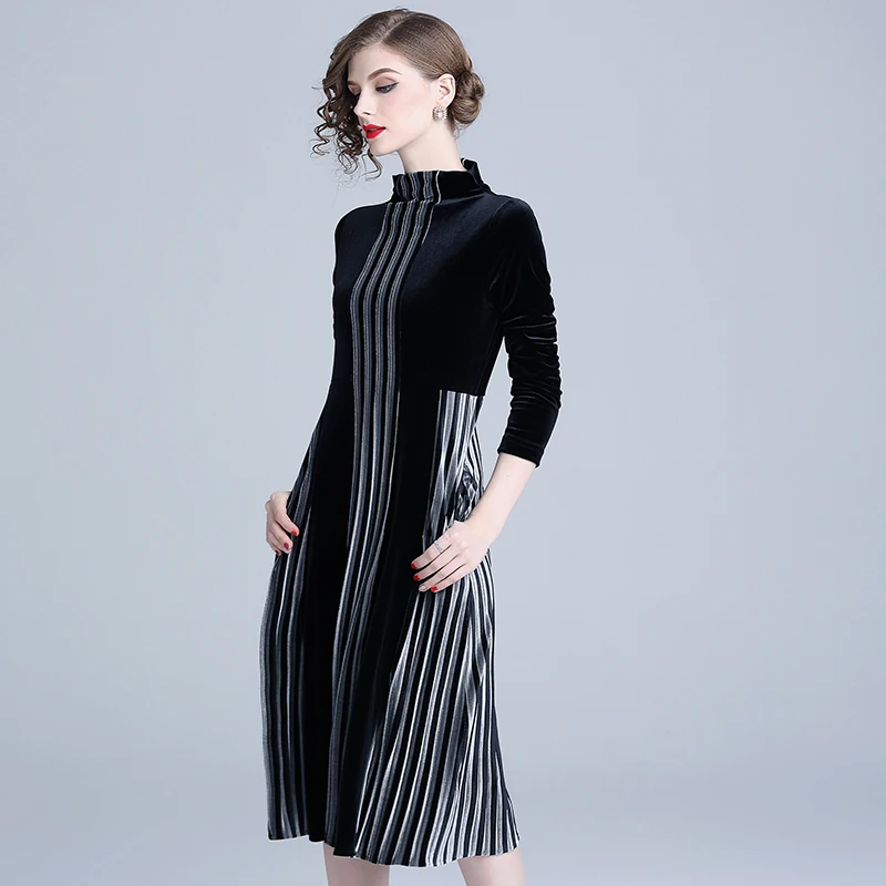 Wholesale In Stock Elegant Women Fashion Turtleneck Long Sleeve Vertical Stripes Patchwork Long Velvet Dress