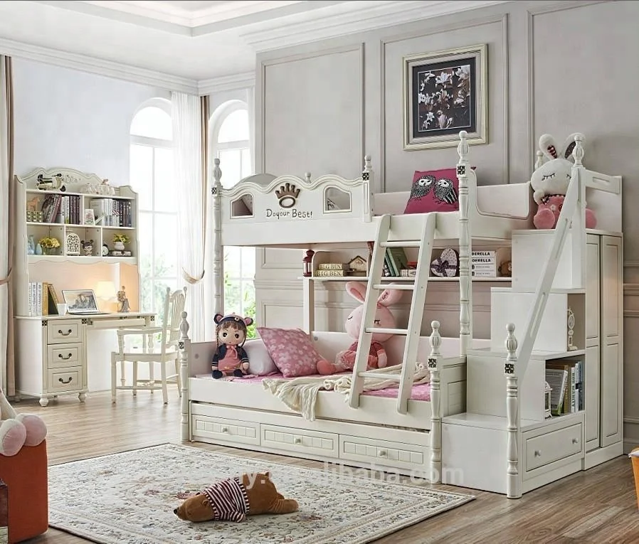 Двухъярусная кровать с горкой дешевая детская мебель белый американский стиль A88