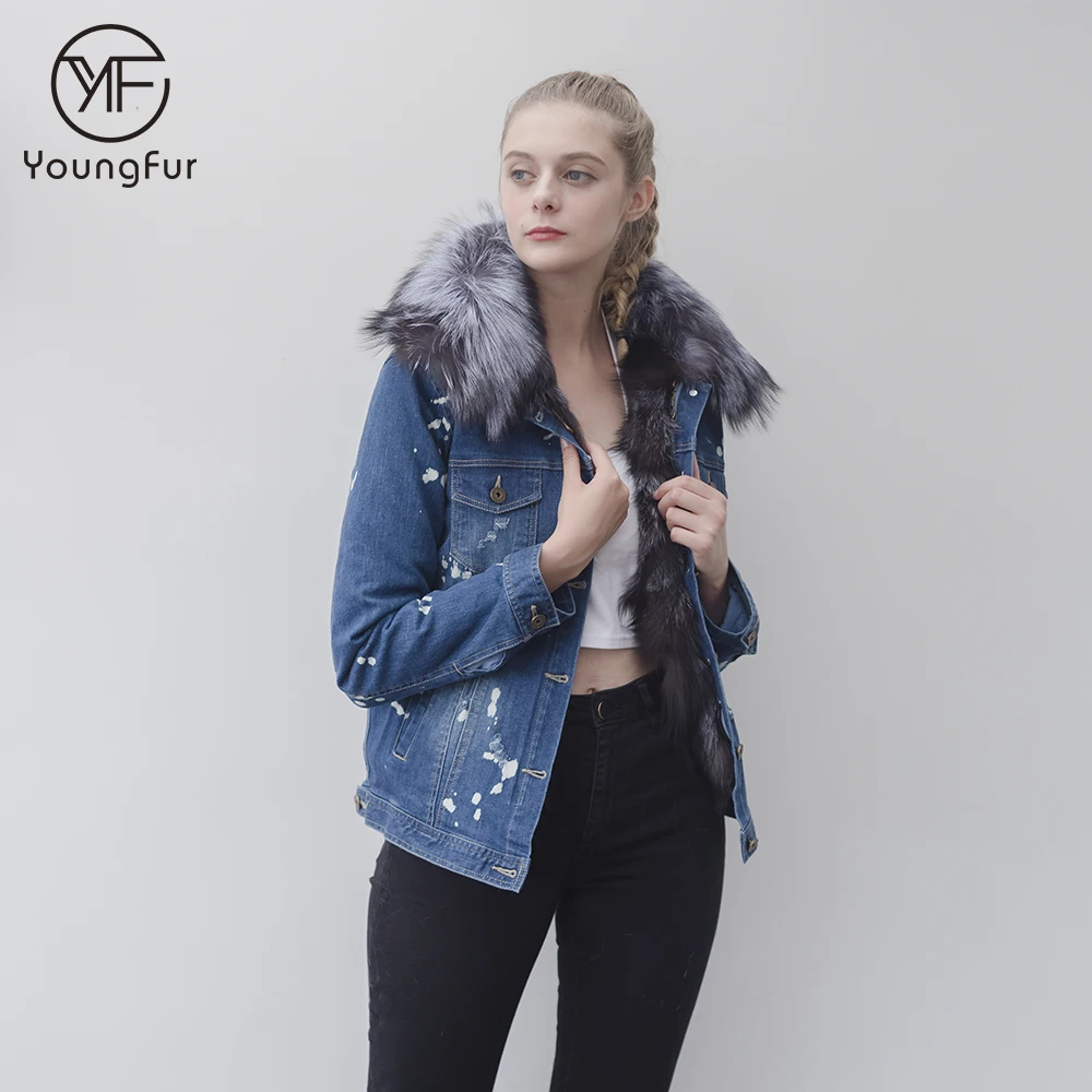 Best selling top fashion winter denim jacket with fur collar and silver fox fur liner