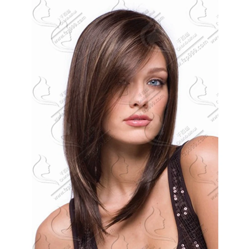 
Wholesale long straight dark brown hair synthetic wigs and mixed light brown naturl wave hair for women 