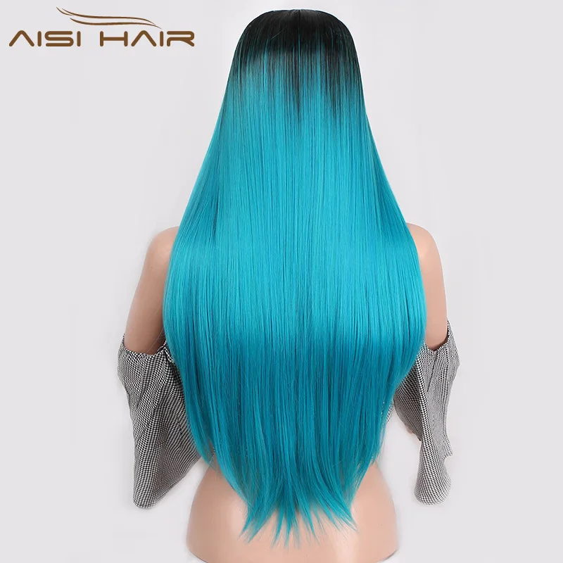 Aisi Hair Hot Selling Long Silky Straight Ombre Blue Color Wig Cheap Synthetic Cosplay Wigs For Black Women Heat Resistant Fiber