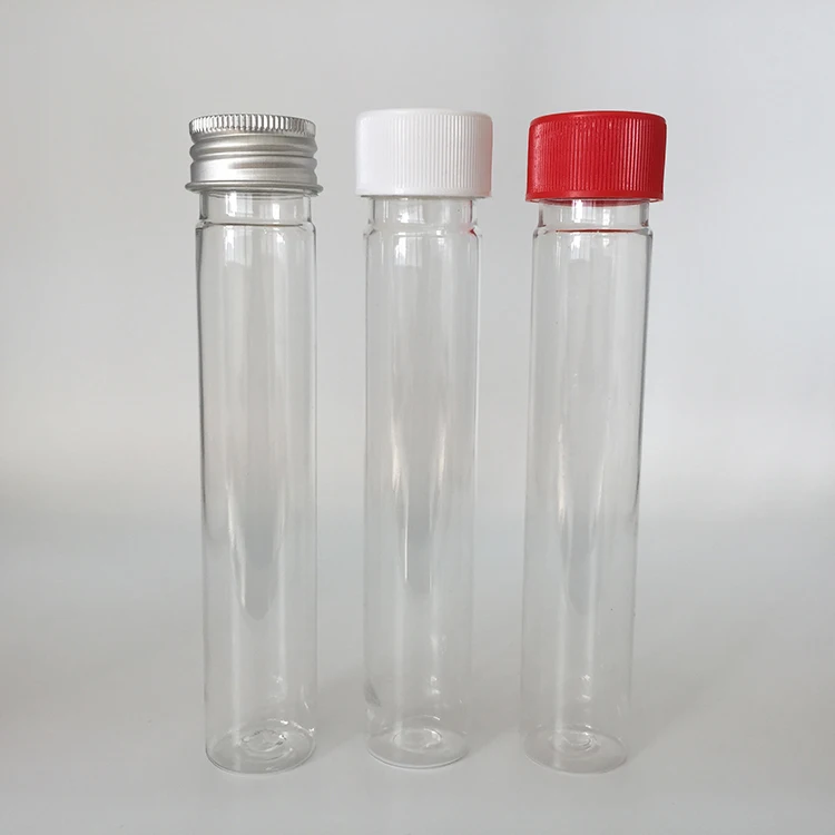 Customize flat bottom plastic PET 2 oz 65ml transparent test tube container with aluminum screw cap pressure sensitive seal