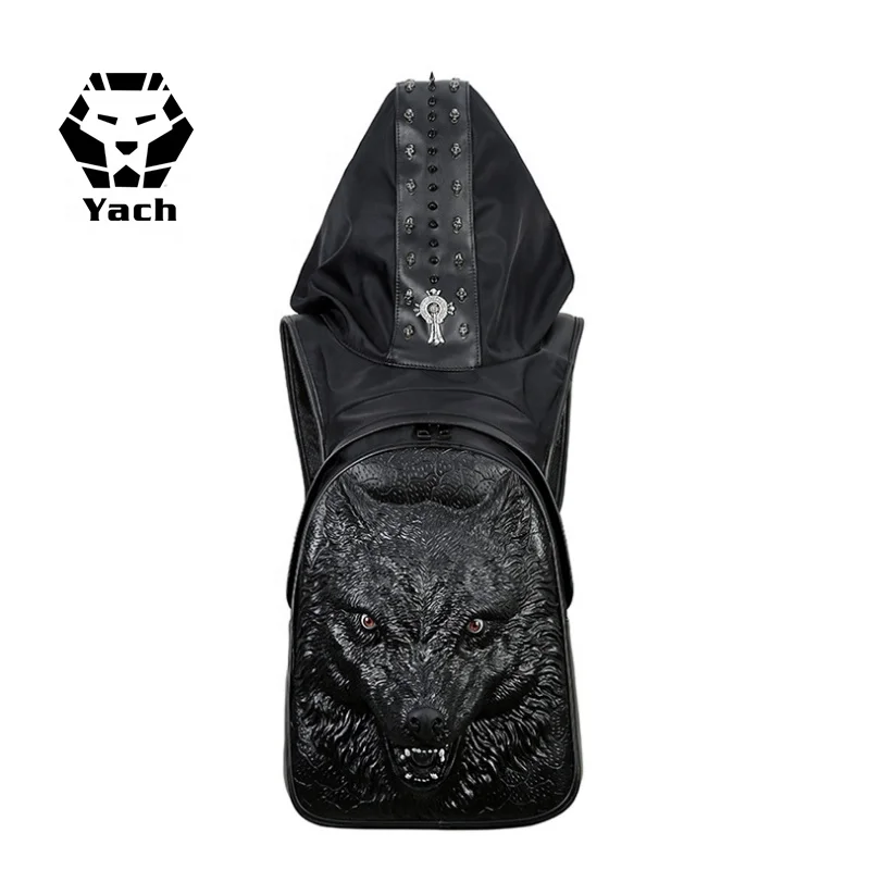 Creative hat pu backpack 3D fierce wolf men and women outdoor travel computer bag magic school pu laptop men backpack