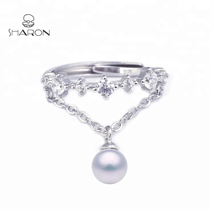 Beautiful Wholesale Women Jewelry Friendship Freshwater Hanging Pearl Sterling Silver Adjustable Ring