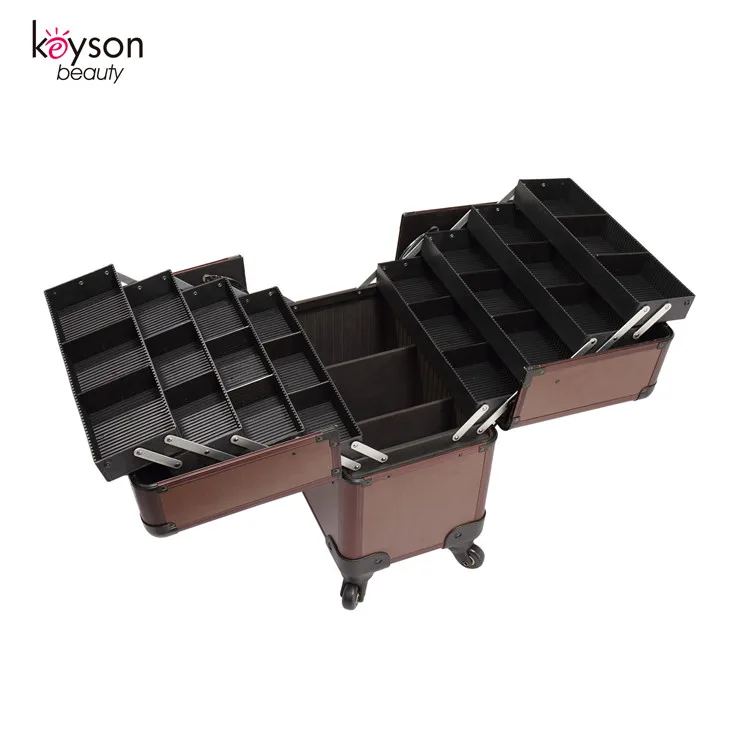 Keyson Aluminum Case with Wheels Cosmetic Bag with 3 Layered Trays Makeup Trolley
