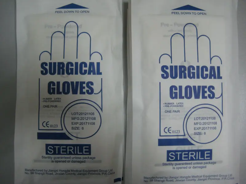 
 Одноразовые латексные порошкообразный хирургические перчатки № 8 Заводские AQL 1,5 в Китае (стандарты CE, 93/42/EEC  