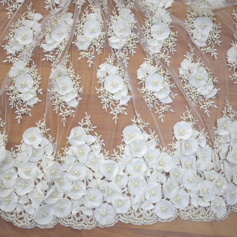 white korea lace fabric pearl embroidery designs for handmade embroidery dresses HY0888-2