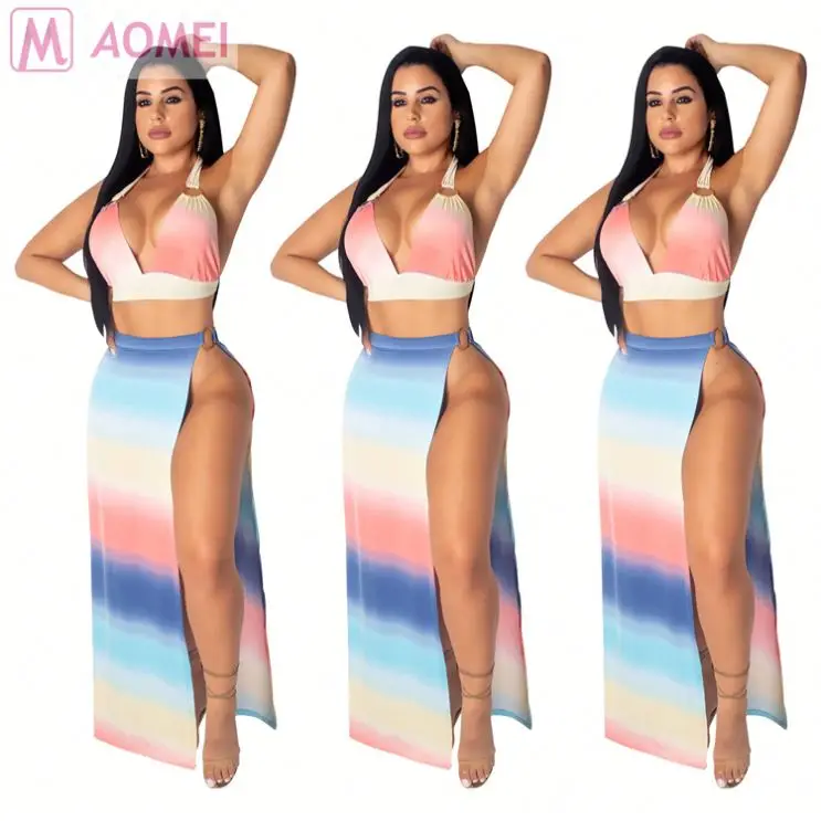 
S1018 summer fashion stripe high slit sexy top and long pencil maxi skirt two piece clubwear 