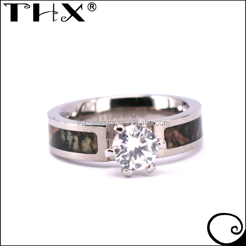 Real Tree Forest Camo Titanium Rings for Women with Cubic Zirconia 5mm