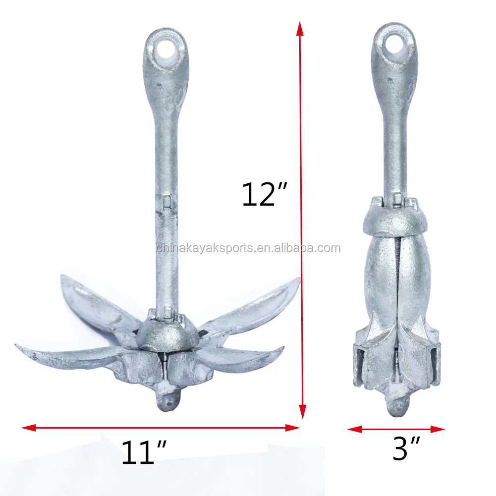 Anchor Kit for Canoes, Small Boats and Jet Skis - 3.3 lb Galvanized Iron Folding Grapnel Anchor