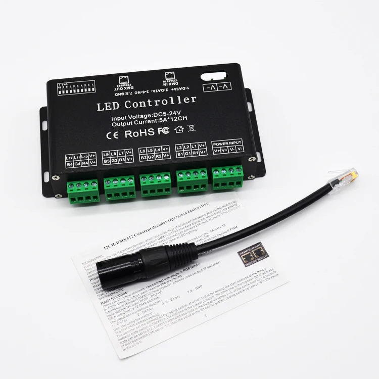 
12 Channel LED DMX512 1990 Constant Decoder 5VDC to 24VDC 5A per Channel PWM Output signal RJ45 