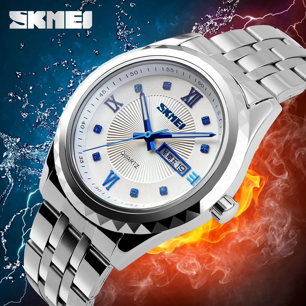 Skmei 9100 Brand Luxury Men Wrist Watches Business Date Week Clock Quartz Waterproof Elegant Diamond Stainless Steel Hand Watch