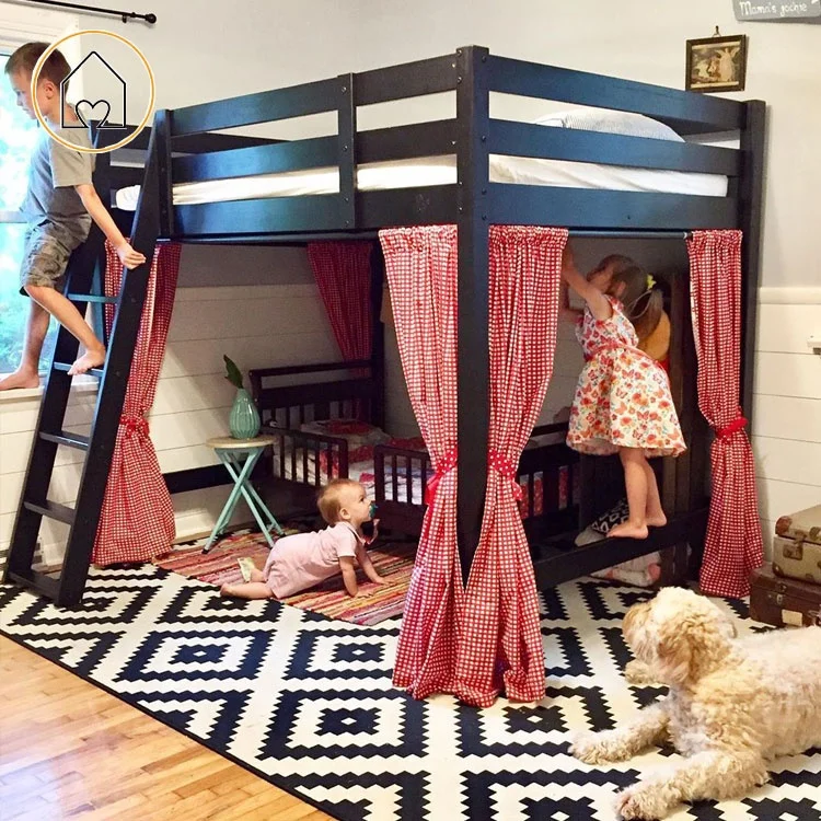 Kids bedroom single size solid pine furniture house loft bed in small room