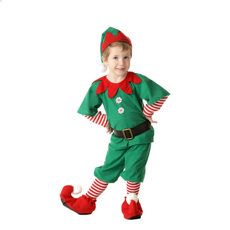Wholesale long Sleeve Green and Red Adults Kids Elf Christmas Costume