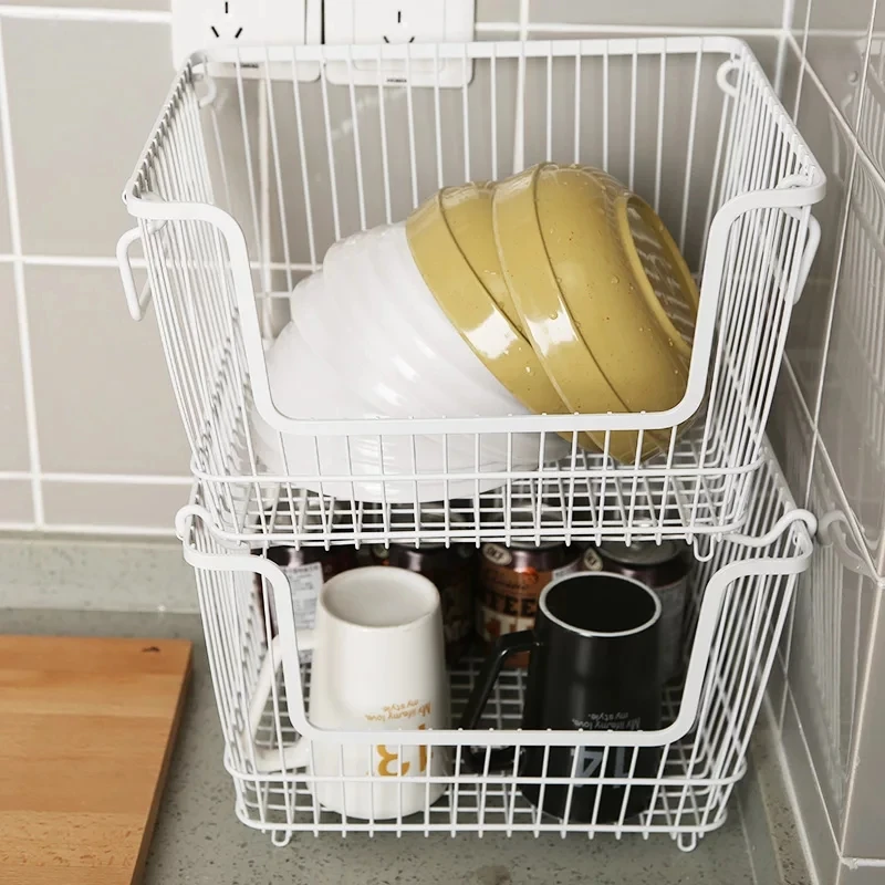Modern Stackable Metal Storage Organizer Bin Basket with Handles, Open Front for Kitchen Cabinets, Pantry, Closets, Bedrooms etc