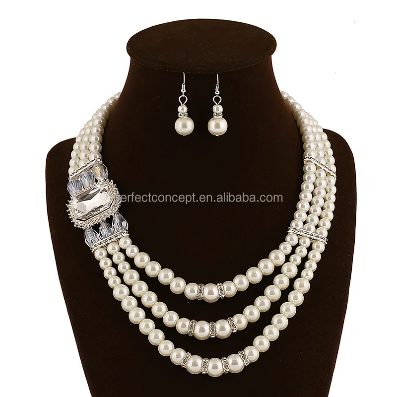 rectangle crystal pearl necklace and earring 3 rows pearl necklace women artificial jewelry