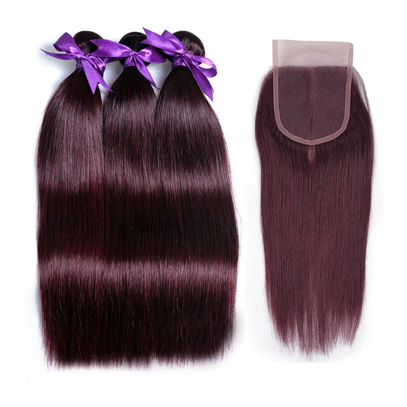 
100% Remy Human Hair Bundles With Closure Straight , #99J Dark Wine Red Brazilian Colored Hair Extension 