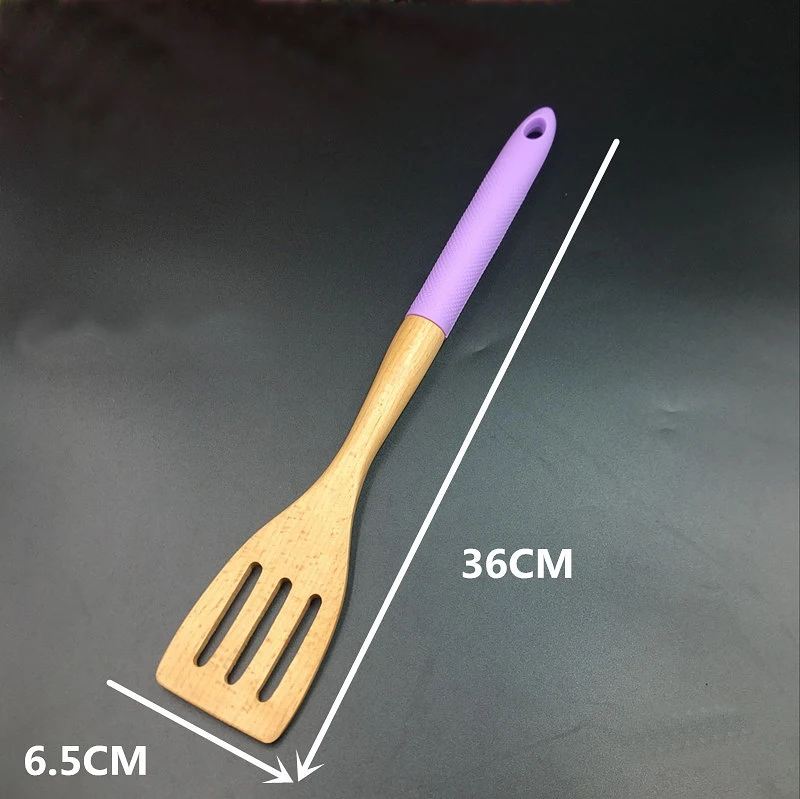 Wholesale simple style 6 pieces silicone handle beech wood kitchen utensils set