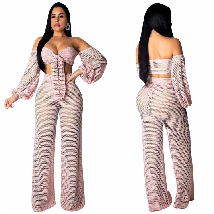 
Mesh off shoulder swim cover up top beach pants 