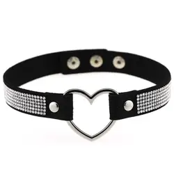 Punk Gothic Shiny Rhinestone Matte Leather Heart Choker Snap Button Collar Necklace