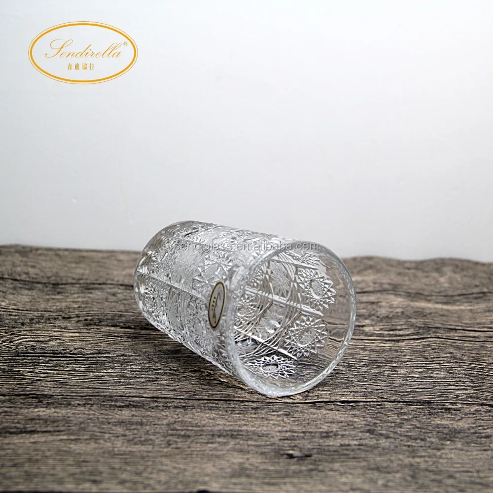 
2018 Bohemia Vintage style 8% Lead Crystal Hand-cut engraved sunflower whiskey tumbler glass cup factory price 