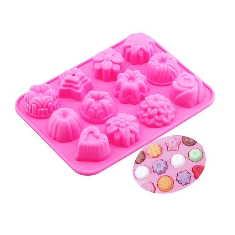 12 Holes Custom Cake Chocolate Jelly Pudding Dessert Baking Molds Silicone Bakeware Mold With Flower Heart Shape