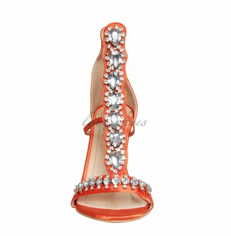 2017 high heel shoe ladies fancy high heel sandals orange ankle buckle strap Satin Gem Stiletto Heels