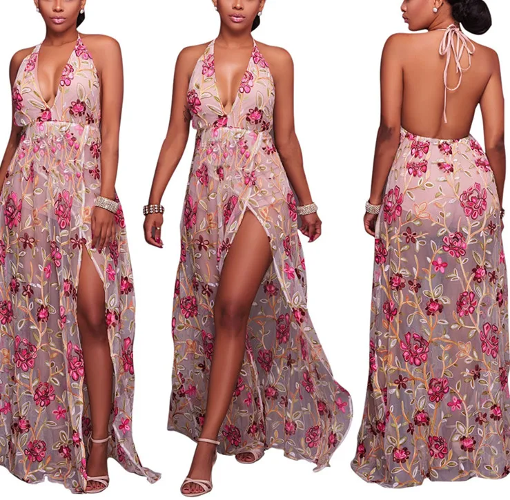 B22312A Europe women Fashion sexy transparent gauze halter neck sexy embroidery dress