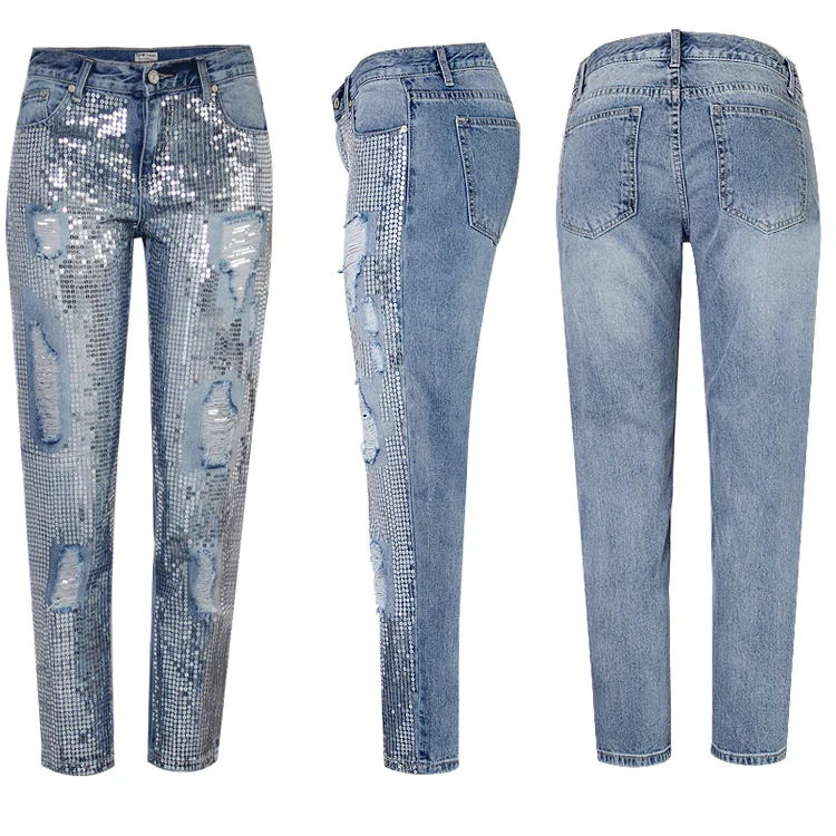 High Quality Washed Holes Jeans Embroidered Beads womens jeans