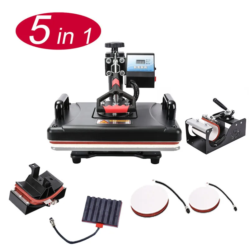 Custom T shirt Heat Transfer Printer 5  in 1 Combo Sublimation Heat Press Machine for Hat/Mug/Plate/ bottle/ T-shirts Printing