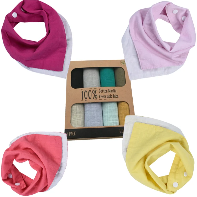 
100% Cotton Muslin Reversible and Super Absorbent Drool Bibs 4-Pack 