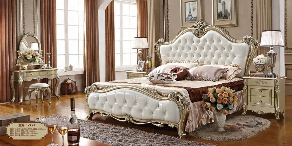 Classical style hand made carving champagne silver luxury king size bedroom furniture set