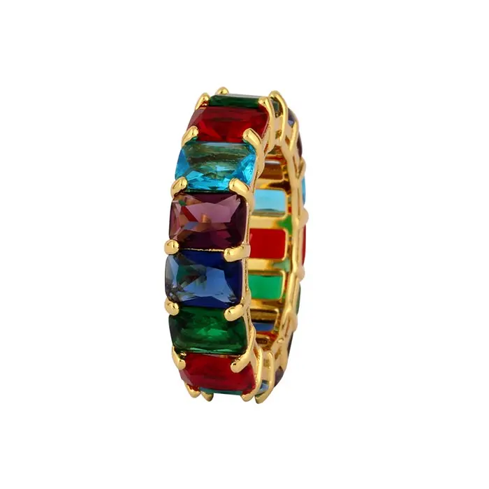 Hiphop Jewelry 18K Gold Plated Men Rainbow Baguette Ring