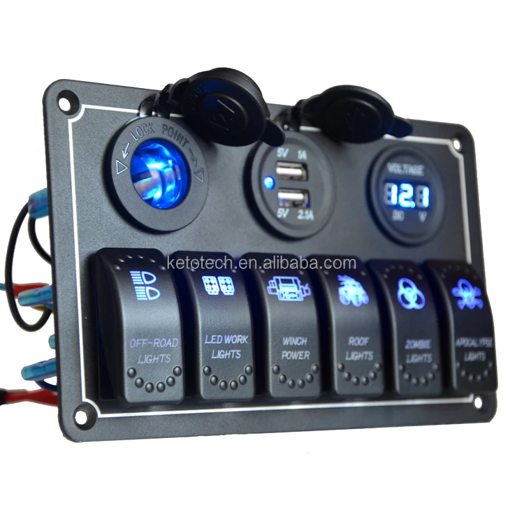Aluminium board 6 way marine switch panel with voltmeter and USB charger