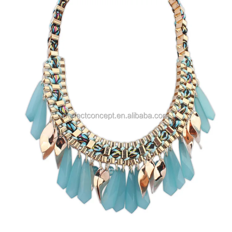 Big 3D Tear Drop Pendant Gold Necklace Cord Braided Green Lt Blue Dark Blue Black Necklace Pendant necklace-150810-04
