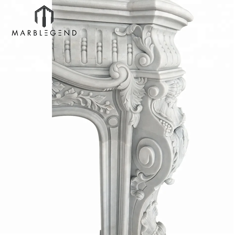 Leading Custom design indoor carved white marble freestanding fireplace mantel