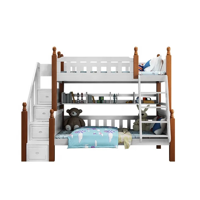 Full solid wood 1.35 1.5 bunk bed for kids with storage cabinet and ladder wooden furniture designs