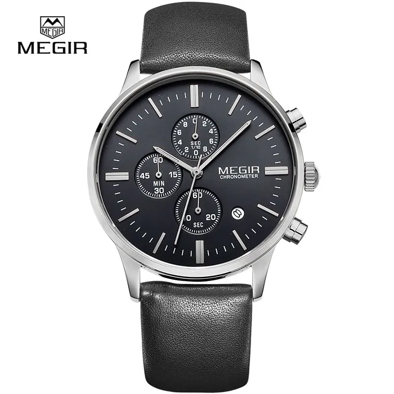 New Male Wrist Watches Business Date Chronograph Hour Clock Genuine Leather Strap Simple Quartz Men Luxury Megir 2011 Watch