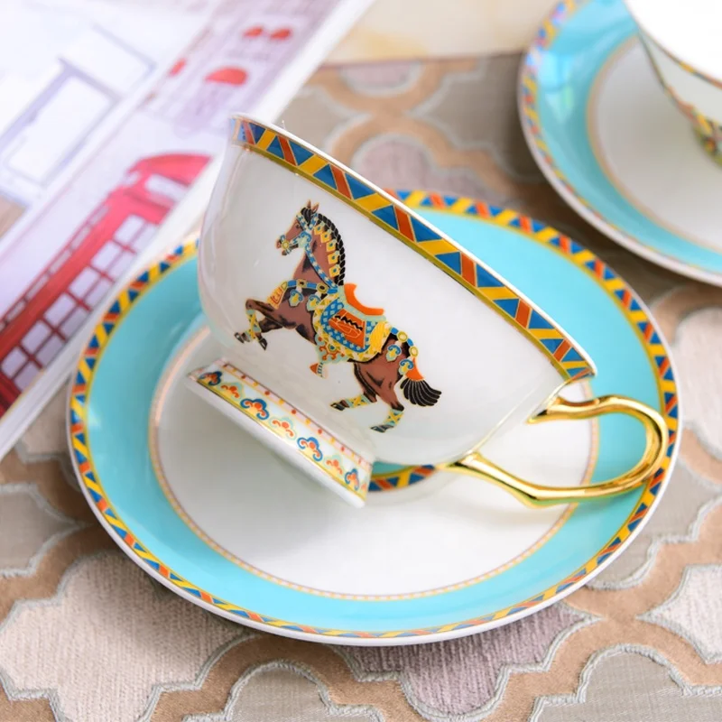 Royal ceramic horse tea cup with dish blue fine bone china coffee and saucer set with your logo