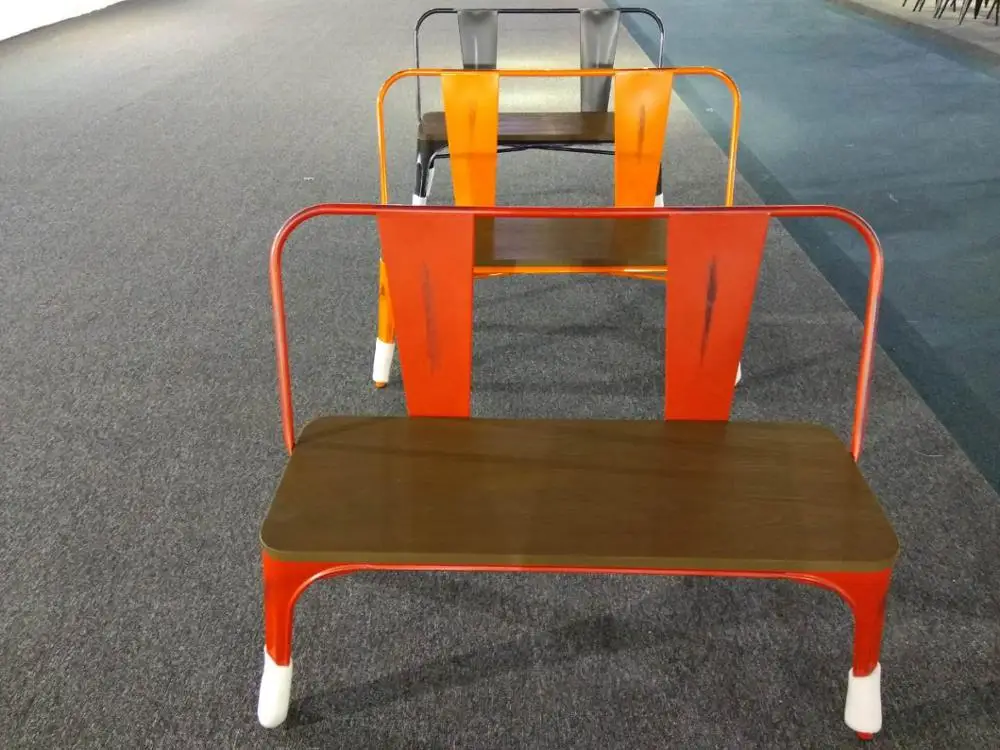 Colourful vintage color solid wood and metal park bench chair iron steel frame indoor and outdoor furniture dining chair