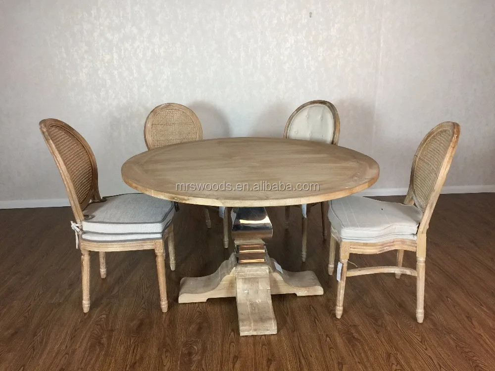 MRS WOODS Solid Oak Wood Top And Base With Stainless Steel Round Large Dining Table