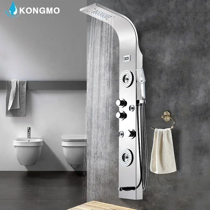 
LED Bathroom Shower Panel Multi-Function 304 Stainless Steel Wall Mounted Cold And Hot Water Amazon Hot Sales Matt Black 6025-3 